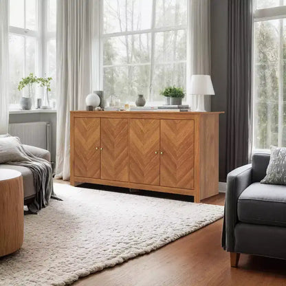 Bahut de rangement à 4 portes Chevron en Noyer Ambre, étagères réglables, 58,4"L x 15,7"P x 30"H