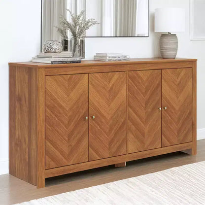 Bahut de rangement à 4 portes Chevron en Noyer Ambre, étagères réglables, 58,4"L x 15,7"P x 30"H