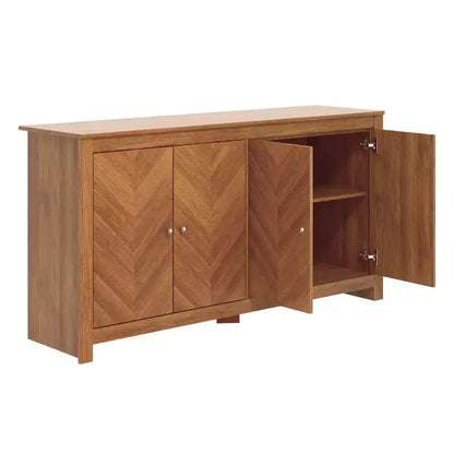 Bahut de rangement à 4 portes Chevron en Noyer Ambre, étagères réglables, 58,4"L x 15,7"P x 30"H
