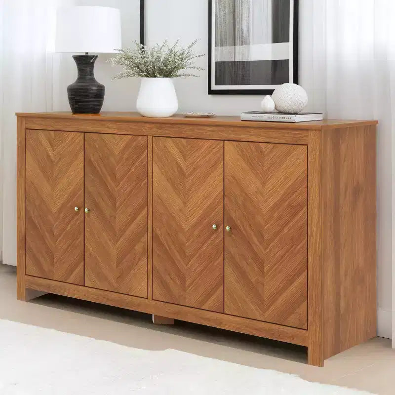 Bahut de rangement à 4 portes Chevron en Noyer Ambre, étagères réglables, 58,4"L x 15,7"P x 30"H