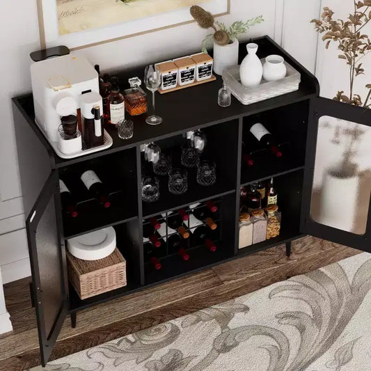 Besiost Farmhouse Buffet Table with Wine Rack, Wine Bar Cabinet with Wine Holder and Charging Station