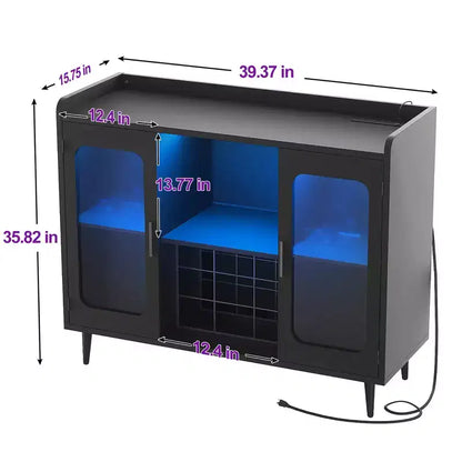 Bahut de ferme avec porte-bouteilles, éclairage LED RVB et multiprise intégrée, 99 cm l x 91 cm H