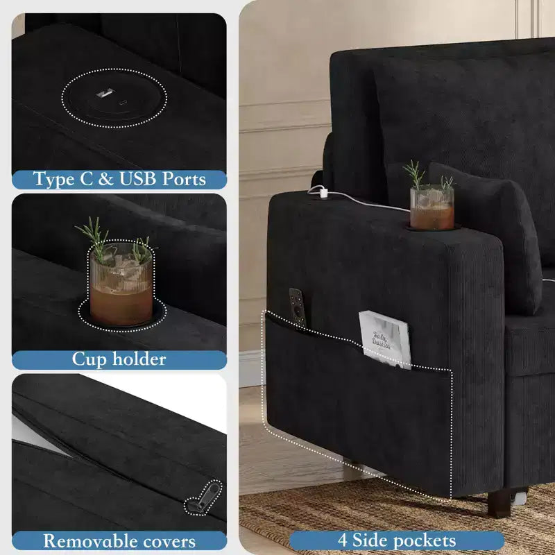 56 Canapé convertible gigogne, lit de canapé 3 en 1, canapé-lit causeuse avec porte-gobelets et poches latérales, canapé pour salon ou chambre à coucher