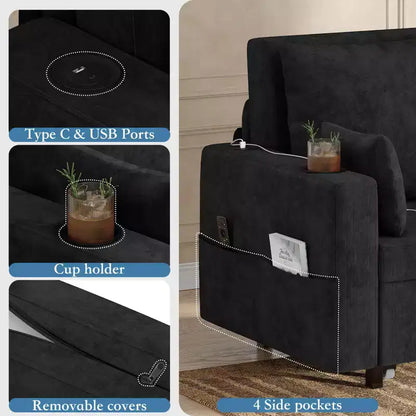 56 Canapé convertible gigogne, lit de canapé 3 en 1, canapé-lit causeuse avec porte-gobelets et poches latérales, canapé pour salon ou chambre à coucher