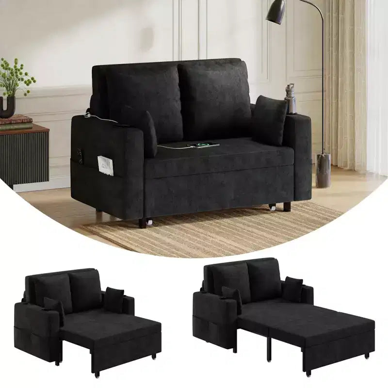 56 Pull-Out Couch, 3 in 1 Convertible Sleeper Sofa Bed, Loveseat Sleeper with Cup Holder & Side Pockets, Sofa Couch for Living Room Bedroom