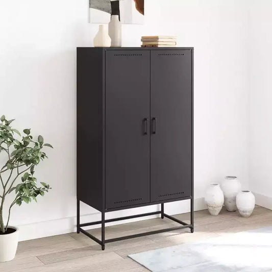 Buffet haut en acier industriel avec 2 portes battantes, finition laquée noire mate