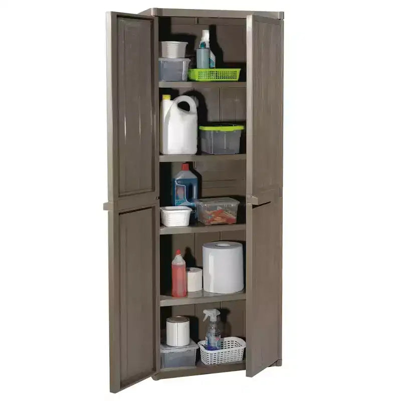 Armoire de rangement de jardin d'extérieur avec 4 étagères réglables, finition aspect bois PP, noir