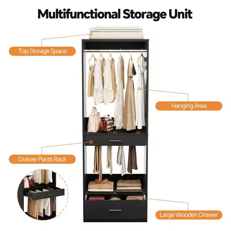 Organisateur de penderie modulaire autoportant avec tringle et tiroirs, MDF, 119 cm L x 203 cm H
