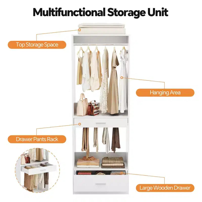 Organisateur de penderie modulaire autoportant avec tringle et tiroirs, MDF, 119 cm L x 203 cm H