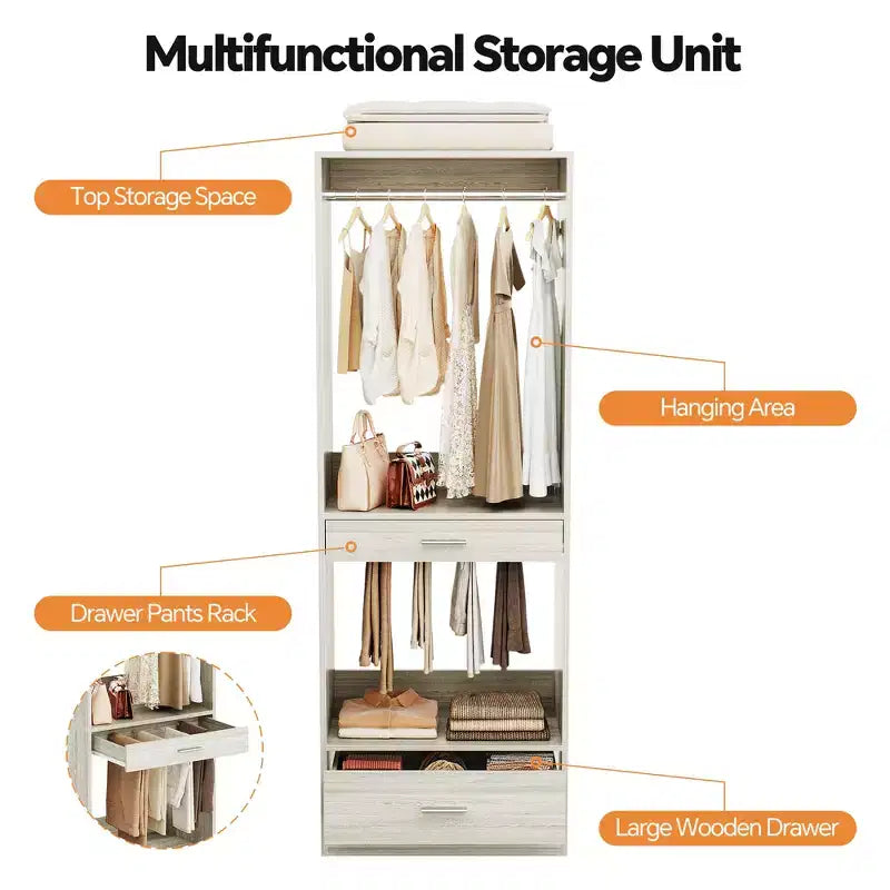 Organisateur de penderie modulaire autoportant avec tringle et tiroirs, MDF, 119 cm L x 203 cm H