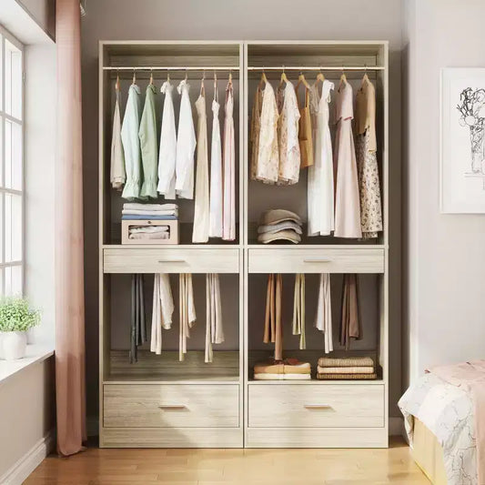 Besiost 2PCS Closet System Organizer with Hanging Area, Freestanding Wooden Closet with Drawers