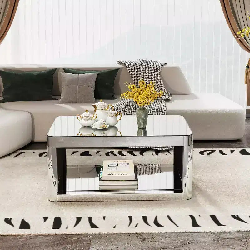 Modern Rounded Corner Mirror Coffee Table with Glass Top, Rectangular Center Table with Storage for Living Room-Panipeachy
