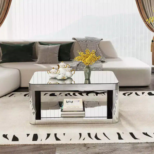 Modern Rounded Corner Mirror Coffee Table with Glass Top, Rectangular Center Table with Storage for Living Room-Panipeachy