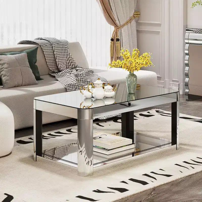 Table basse miroir à bords arrondis moderne avec plateau en verre, table de centre rectangulaire avec rangement pour salon