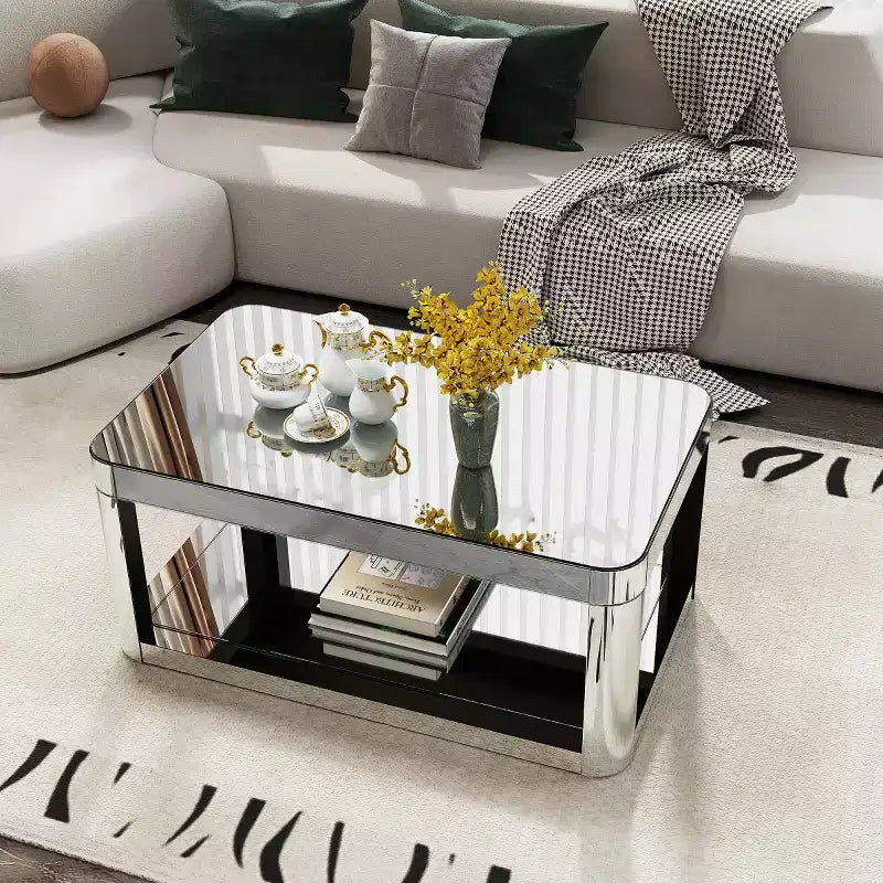 Table basse miroir à bords arrondis moderne avec plateau en verre, table de centre rectangulaire avec rangement pour salon