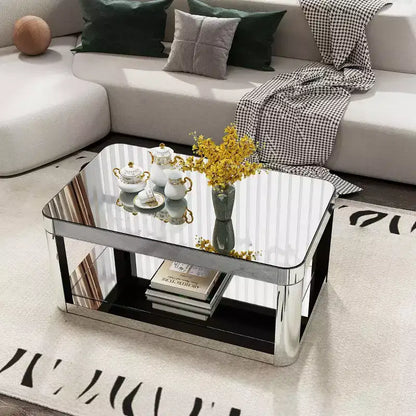 Table basse miroir à bords arrondis moderne avec plateau en verre, table de centre rectangulaire avec rangement pour salon
