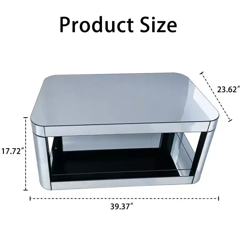 Table basse miroir à bords arrondis moderne avec plateau en verre, table de centre rectangulaire avec rangement pour salon