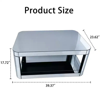 Table basse miroir à bords arrondis moderne avec plateau en verre, table de centre rectangulaire avec rangement pour salon