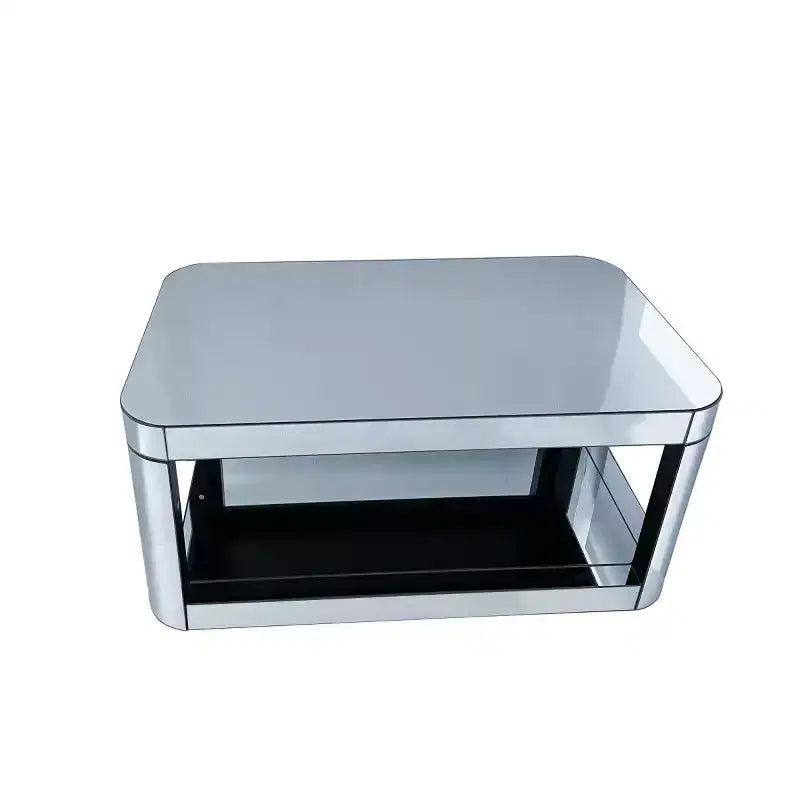 Table basse miroir à bords arrondis moderne avec plateau en verre, table de centre rectangulaire avec rangement pour salon