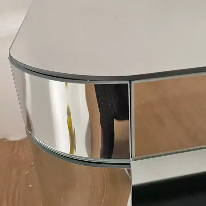 Table basse miroir à bords arrondis moderne avec plateau en verre, table de centre rectangulaire avec rangement pour salon