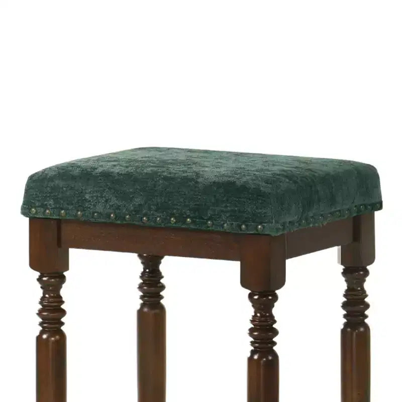 Tabourets de comptoir rustiques en bois de 66 cm avec siège en tissu et garniture cloutée, style ferme — lot de 2