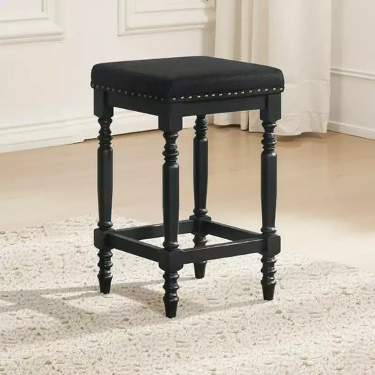 Tabourets de comptoir rustiques en bois de 66 cm avec siège en tissu et garniture cloutée, style ferme — lot de 2