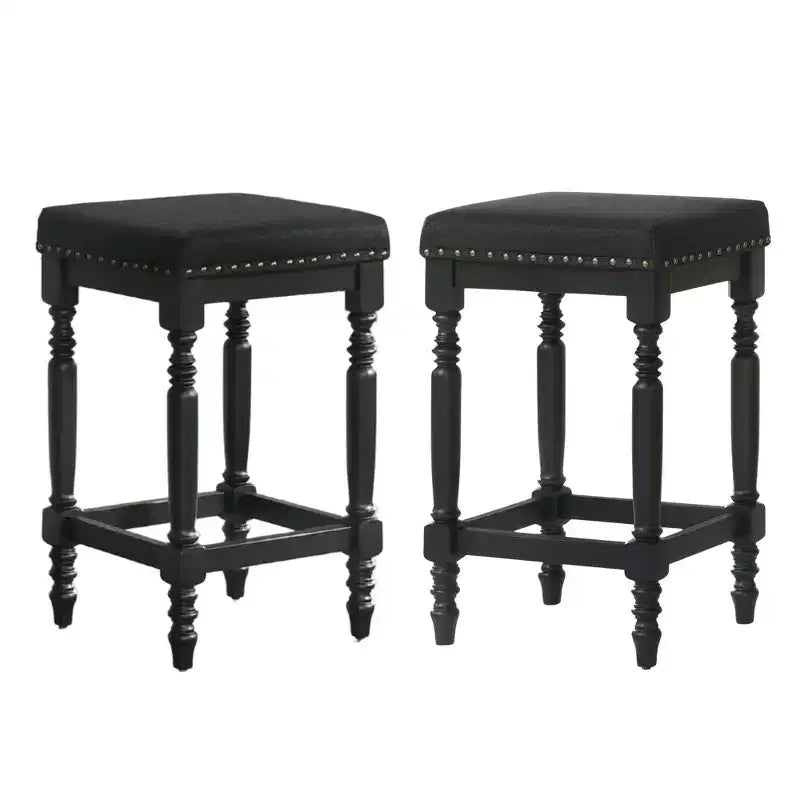 Tabourets de comptoir rustiques en bois de 66 cm avec siège en tissu et garniture cloutée, style ferme — lot de 2
