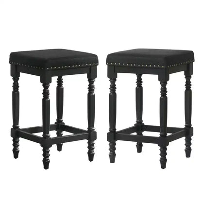 Tabourets de comptoir rustiques en bois de 66 cm avec siège en tissu et garniture cloutée, style ferme — lot de 2