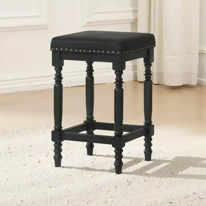 Tabourets de comptoir rustiques en bois de 66 cm avec siège en tissu et garniture cloutée, style ferme — lot de 2
