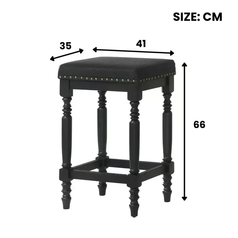 Tabourets de comptoir rustiques en bois de 66 cm avec siège en tissu et garniture cloutée, style ferme — lot de 2