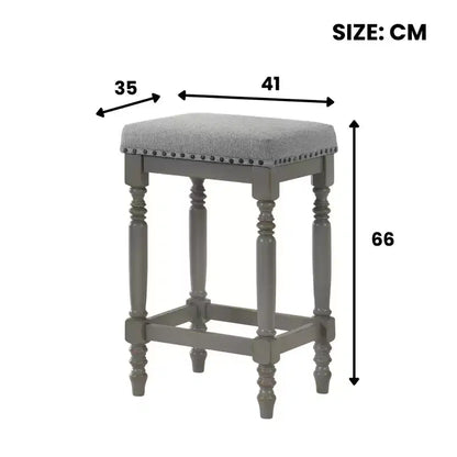 Tabourets de comptoir rustiques en bois de 66 cm avec siège en tissu et garniture cloutée, style ferme — lot de 2