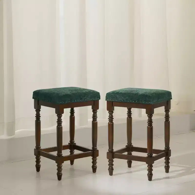 Okak 26 Inch Counter Stools Set of 2, Rustic Wooden Barstools with Fabric Seat and Nailhead Trim, Farmhouse Kitchen Seating