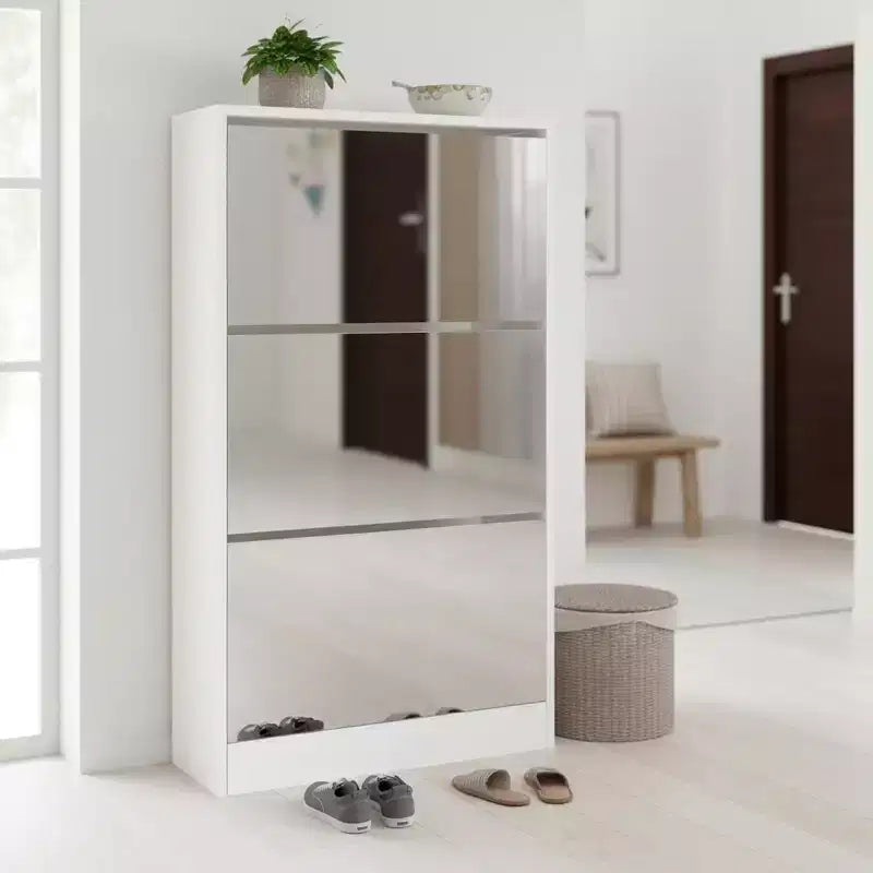 Homy Casa Slim Shoe Storage Cabinet with Mirror, 3-Tier Space-Saving Shoe Rack, White