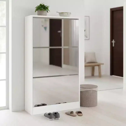 Homy Casa Slim Shoe Storage Cabinet with Mirror, 3-Tier Space-Saving Shoe Rack, White