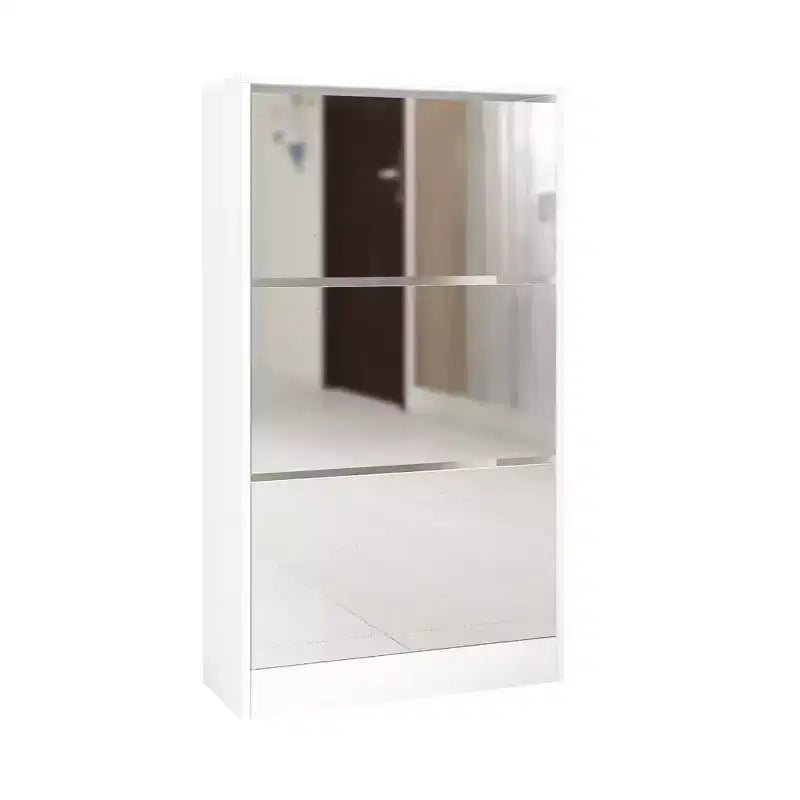Meuble à chaussures fin avec miroir pleine longueur, 3 tiroirs basculants, blanc, peut contenir 18 paires