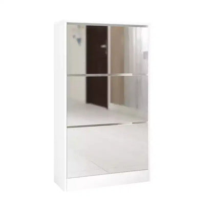 Meuble à chaussures fin avec miroir pleine longueur, 3 tiroirs basculants, blanc, peut contenir 18 paires