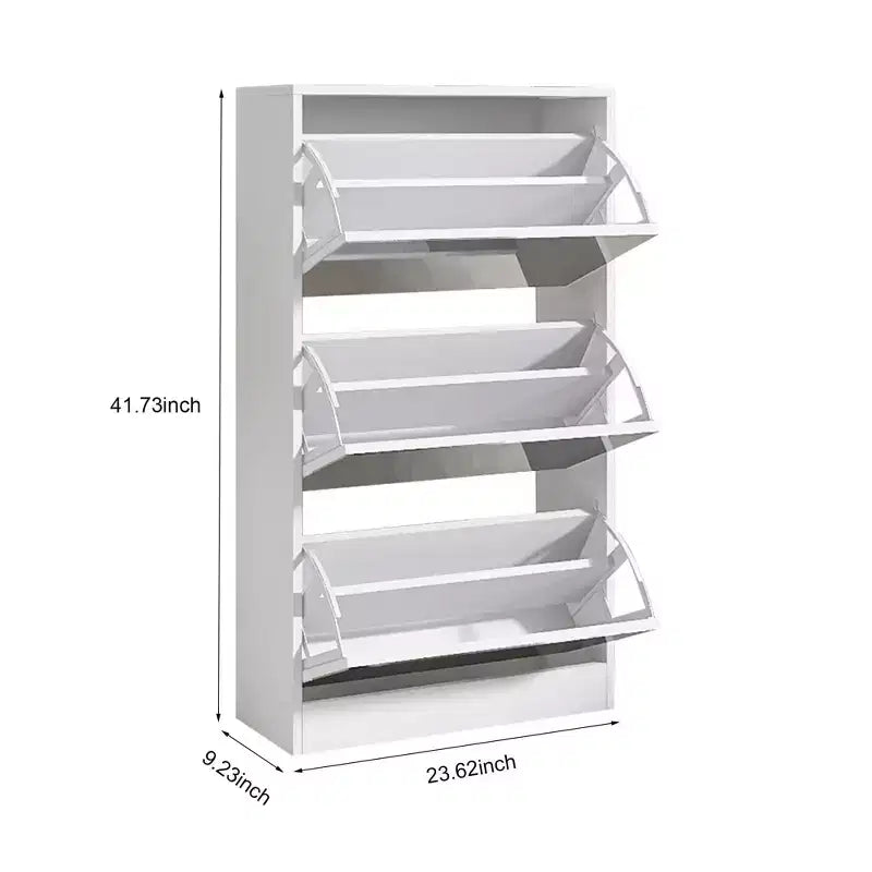 Meuble à chaussures fin avec miroir pleine longueur, 3 tiroirs basculants, blanc, peut contenir 18 paires