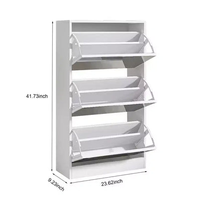 Meuble à chaussures fin avec miroir pleine longueur, 3 tiroirs basculants, blanc, peut contenir 18 paires