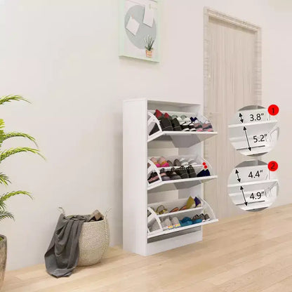 Meuble à chaussures fin avec miroir pleine longueur, 3 tiroirs basculants, blanc, peut contenir 18 paires