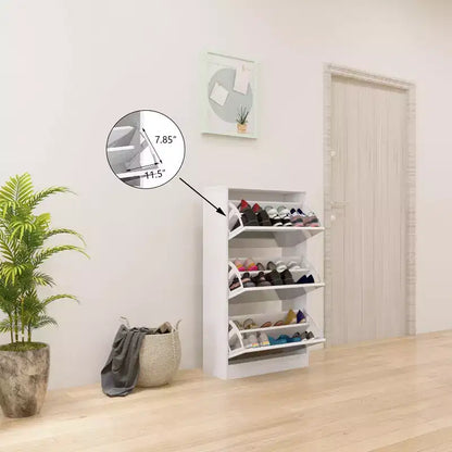 Meuble à chaussures fin avec miroir pleine longueur, 3 tiroirs basculants, blanc, peut contenir 18 paires