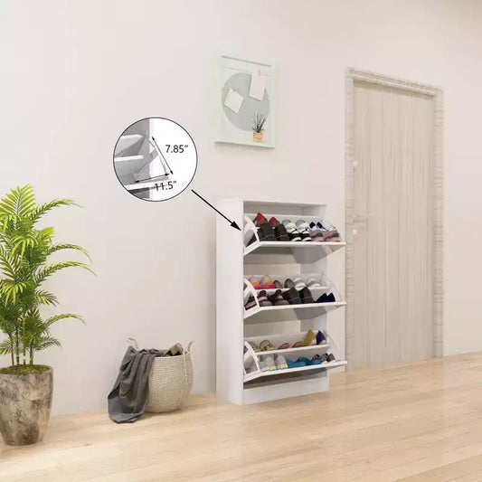 Meuble à chaussures fin avec miroir pleine longueur, 3 tiroirs basculants, blanc, peut contenir 18 paires