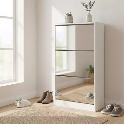 Meuble à chaussures fin avec miroir pleine longueur, 3 tiroirs basculants, blanc, peut contenir 18 paires