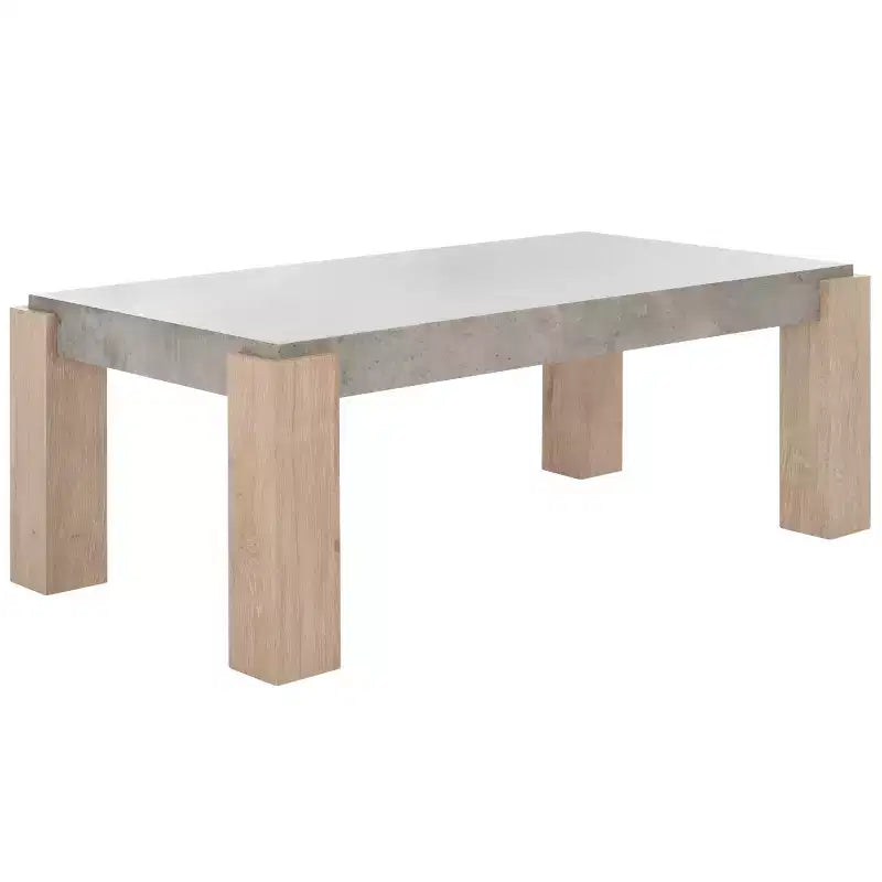 Table basse rectangulaire avec plateau en placage gris clair et pieds en bois naturel, étagère ouverte