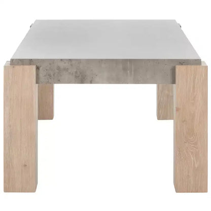 Table basse rectangulaire avec plateau en placage gris clair et pieds en bois naturel, étagère ouverte