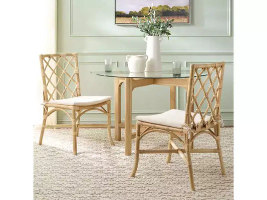 Chaise de salle à manger en rotin avec coussin crème amovible, finition naturelle, sans accoudoirs — Paquet de 2