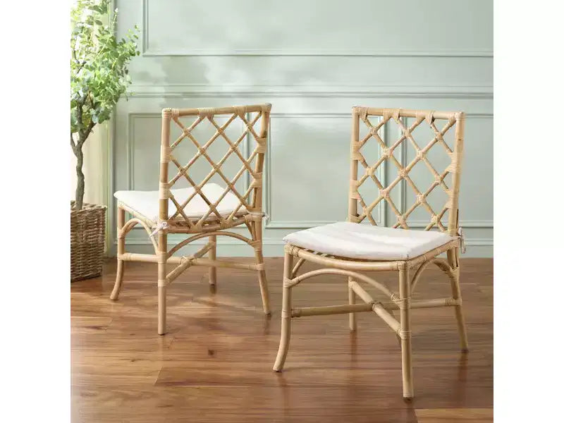 Chaise de salle à manger en rotin avec coussin crème amovible, finition naturelle, sans accoudoirs — Paquet de 2