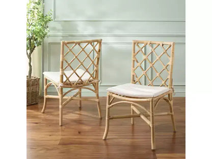 Chaise de salle à manger en rotin avec coussin crème amovible, finition naturelle, sans accoudoirs — Paquet de 2