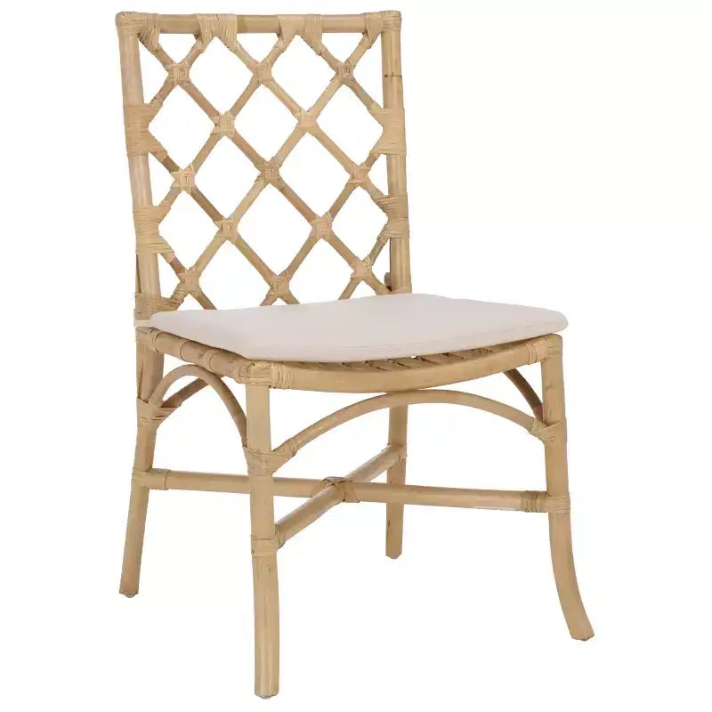 Chaise de salle à manger en rotin avec coussin crème amovible, finition naturelle, sans accoudoirs — Paquet de 2