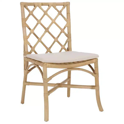 Chaise de salle à manger en rotin avec coussin crème amovible, finition naturelle, sans accoudoirs — Paquet de 2
