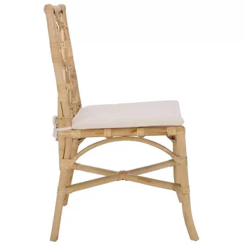 Chaise de salle à manger en rotin avec coussin crème amovible, finition naturelle, sans accoudoirs — Paquet de 2